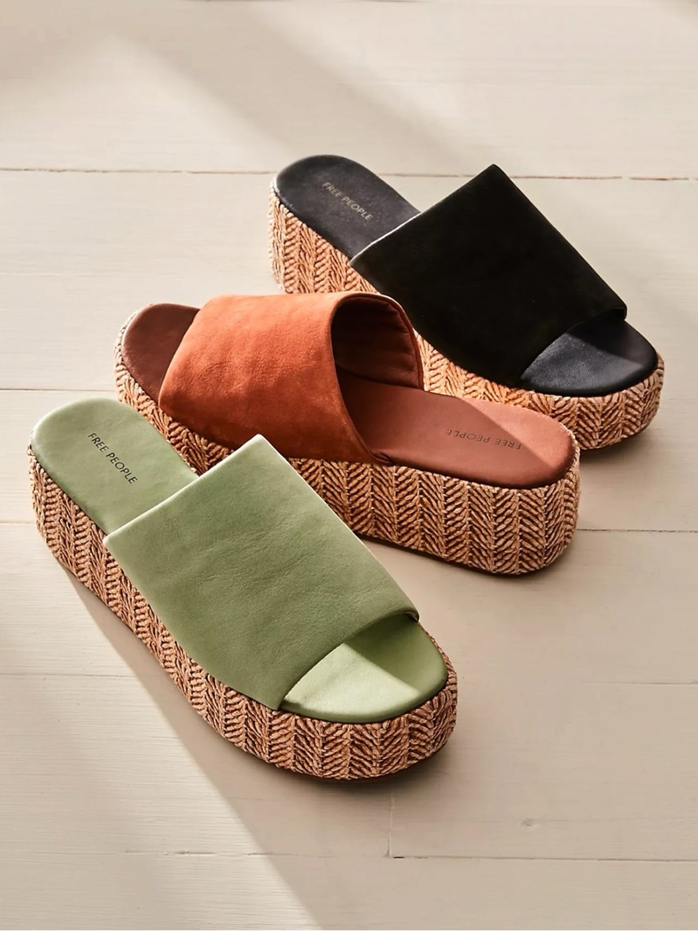 Free People Platform Slide Sandals in Black, Rust, and Olive